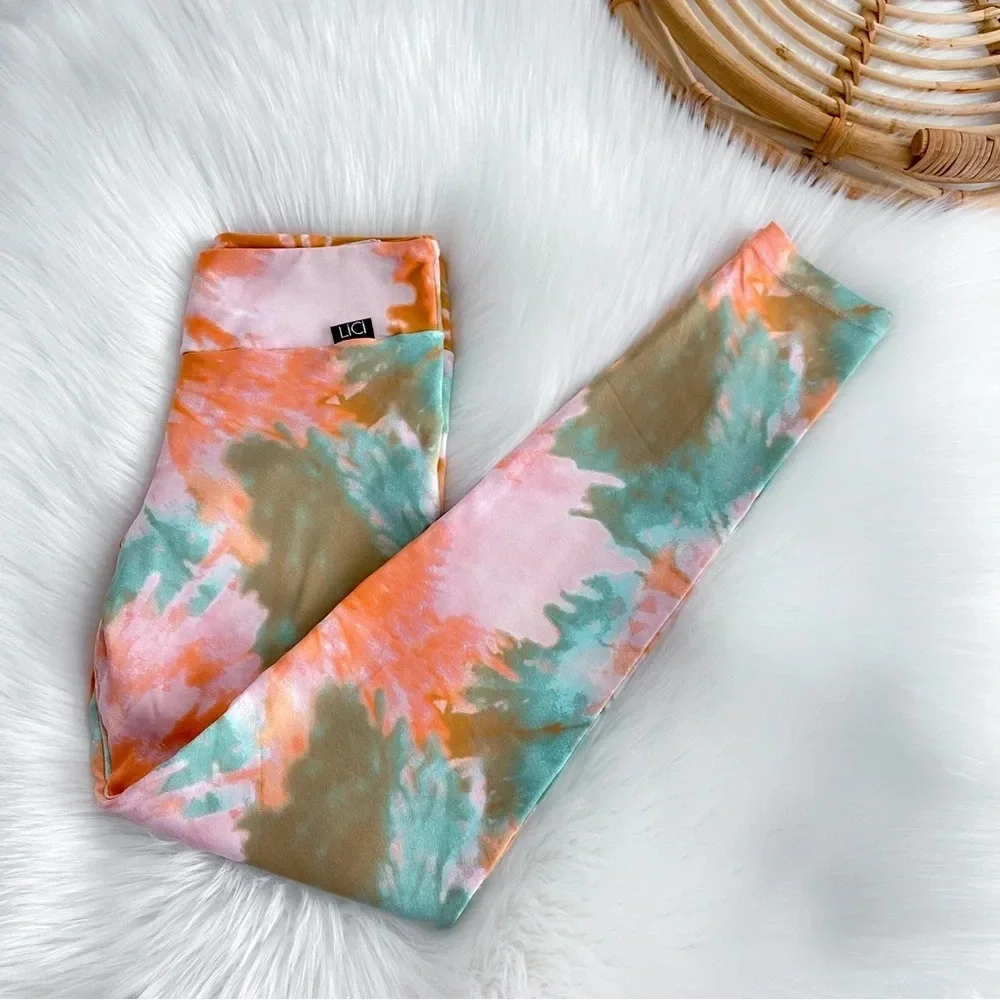 Lici Fit Tie Due Bloom Leggings Multicolored Orange Blue High Waisted Rise S